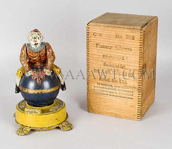 Antique Bank, Mechanical Bank, Clown on Globe, With Original Box, bank and box view